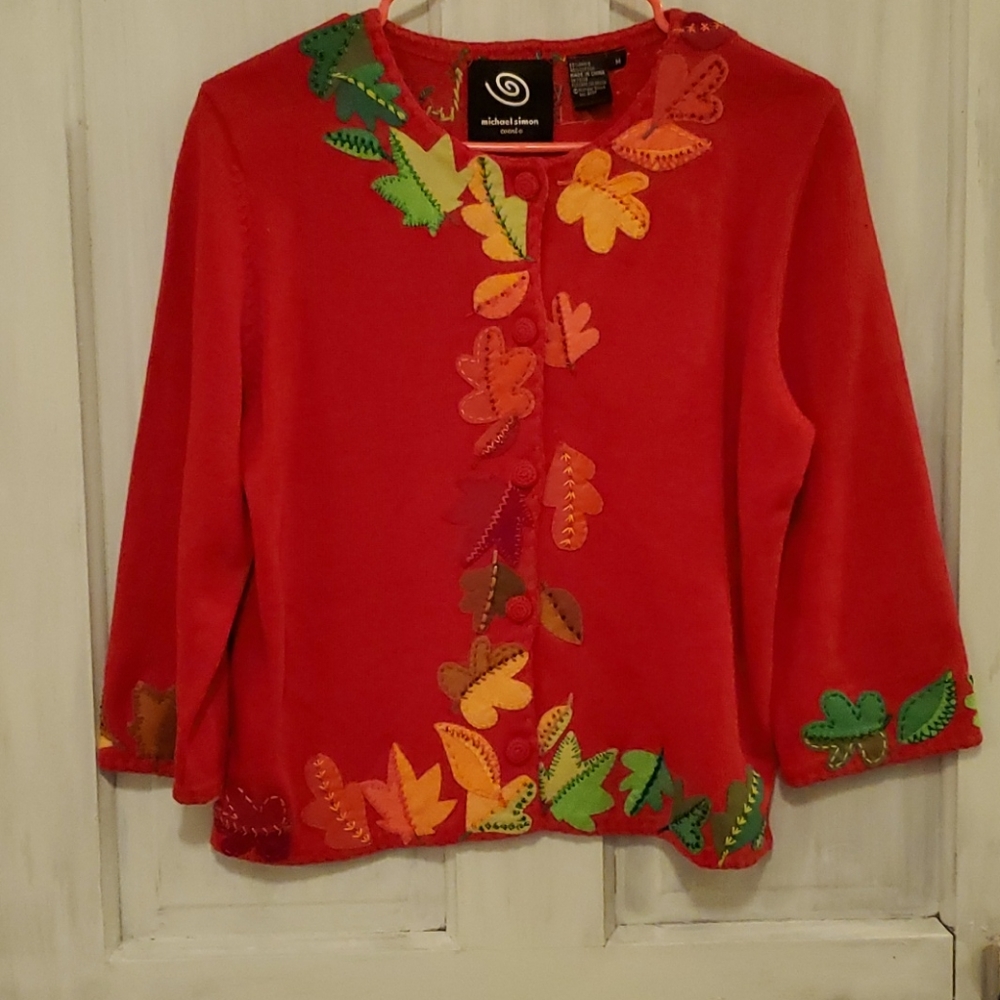 Michael Simon Red Fall Leaf Sweater sz M